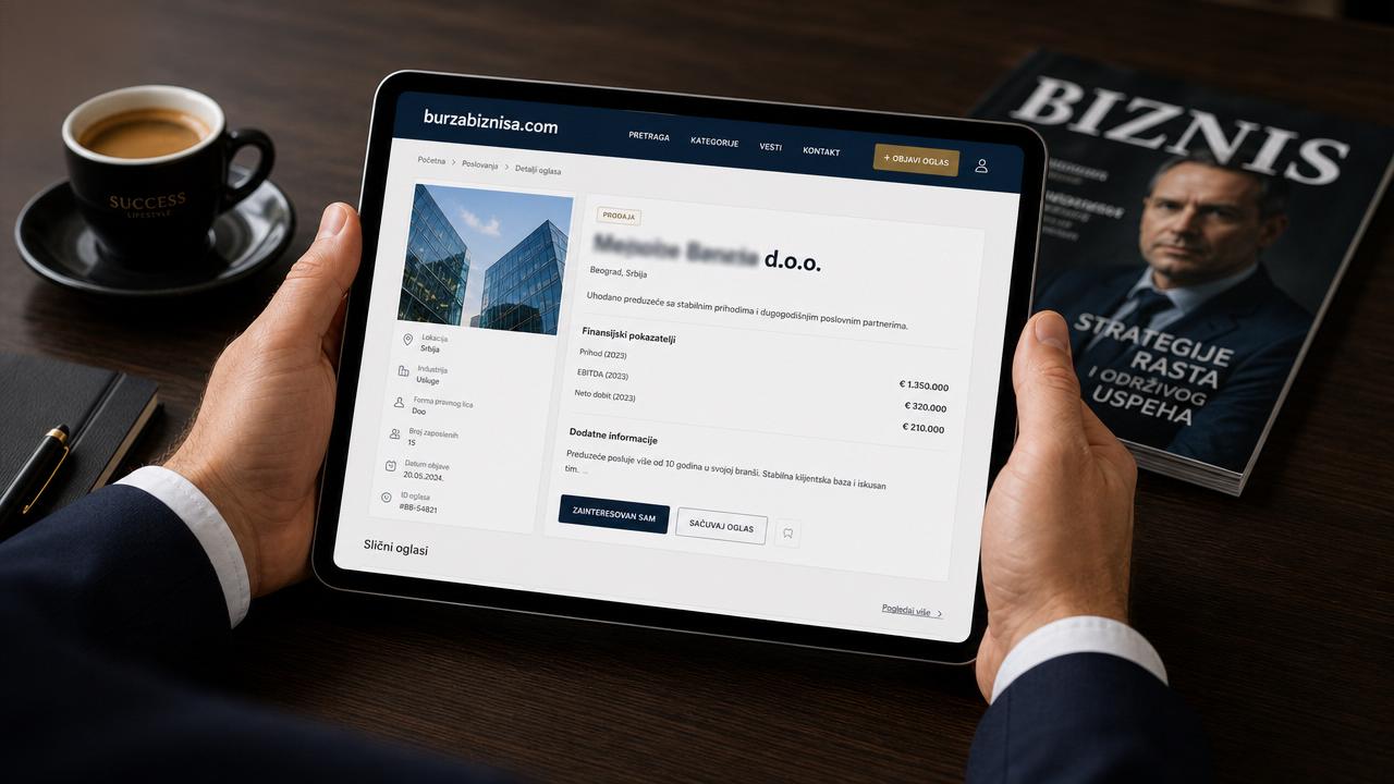 Anonimni oglas za prodaju firme na burzabiznisa.com s prikazom zamućenog naziva tvrtke