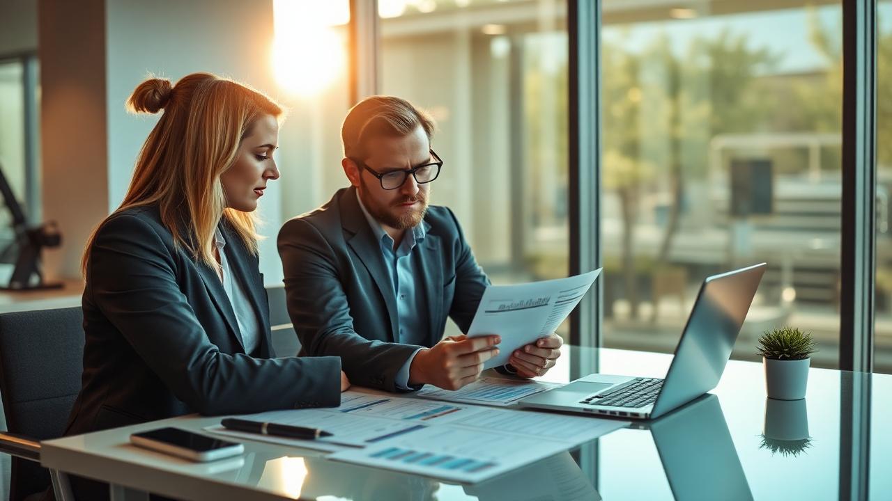 Dvoje poslovnih ljudi analiziraju financijske dokumente i laptop tijekom due diligence procesa