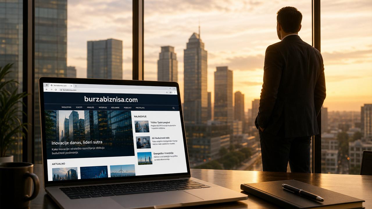 Poduzetnik planira exit strategiju gledajući platformu burzabiznisa.com s panoramskim pogledom na grad