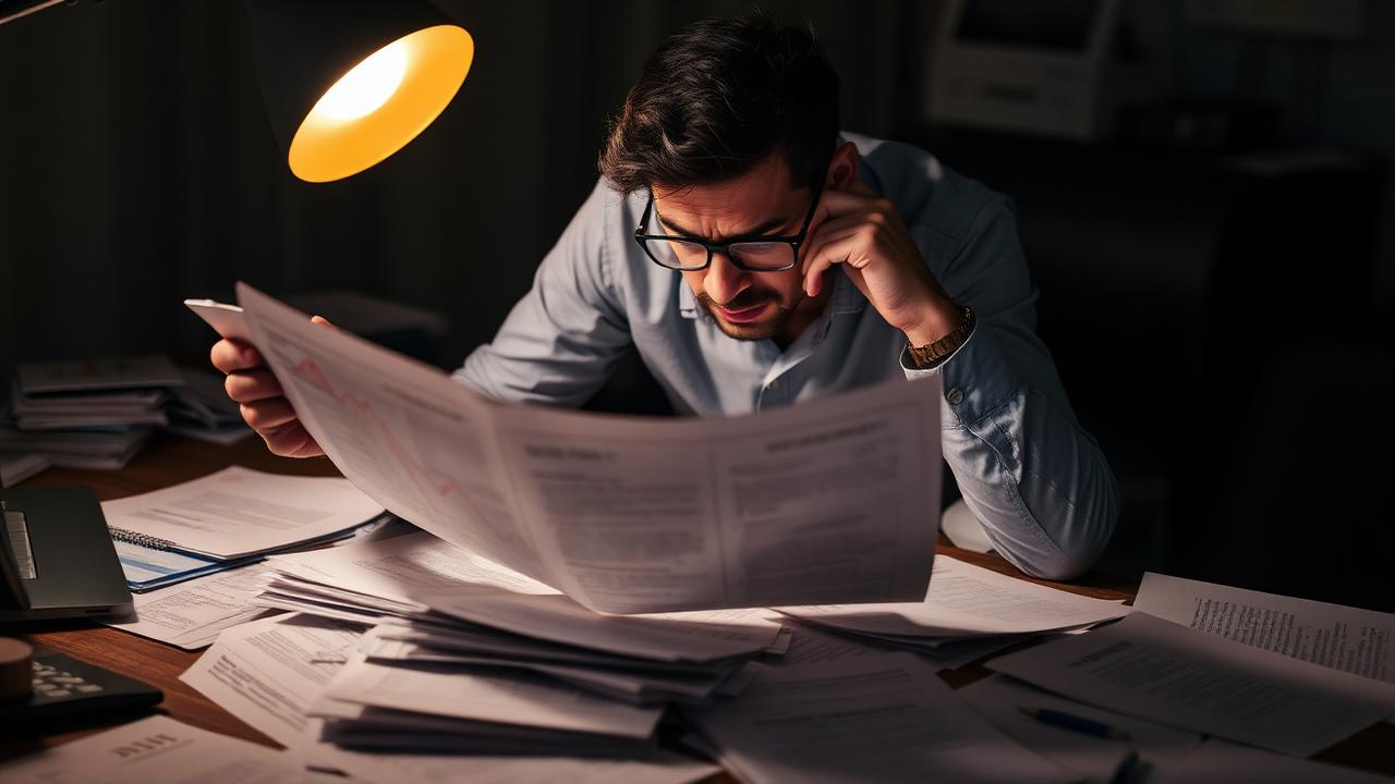 Poduzetnik proučava financijske dokumente u kasnim noćnim satima nakon neuspjelog pregovora