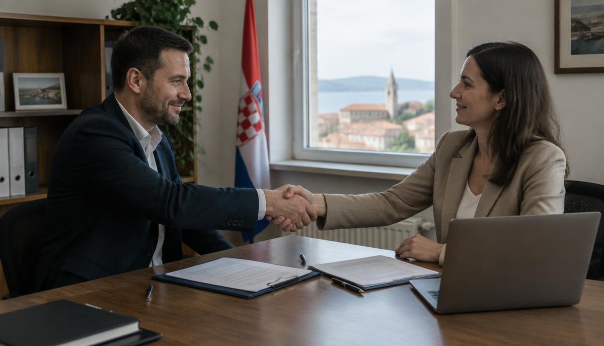 Kupac i prodavatelj rukuju se nad ugovorom u uredu u Hrvatskoj