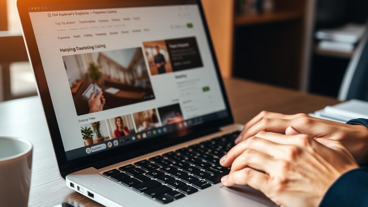 Vlasnik firme piše oglas na laptopu na burzi biznisa s pregledom postavljenog teasera