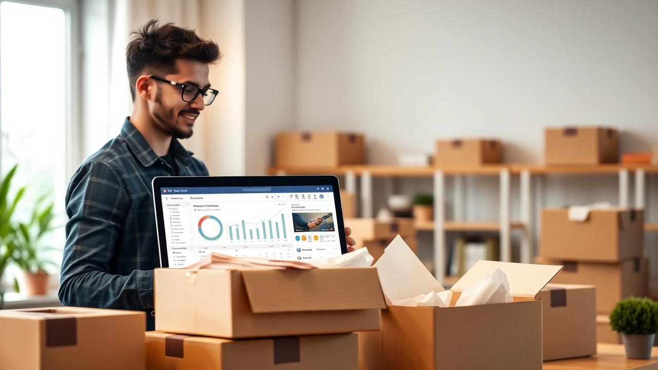 Vlasnik online shopa pakira narudžbe uz laptop s grafom prodaje i kartonske kutije u svijetlom uredu