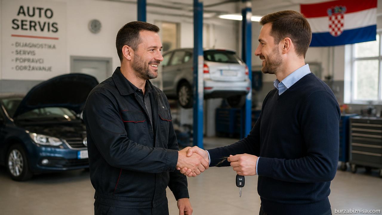 Vlasnik auto servisa predaje ključeve novom vlasniku uz hrvatsku zastavu u pozadini